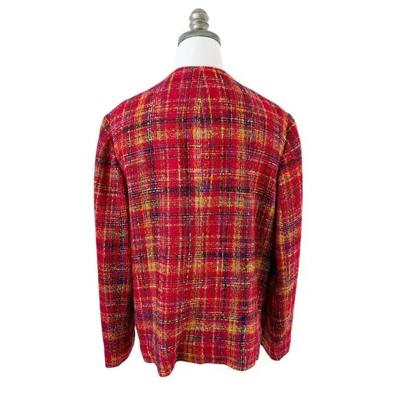 Vintage 90s N Touch Red Plaid Tweed Blazer/Top Women's M/L Button Up Crew Neck - Picture 4 of 6